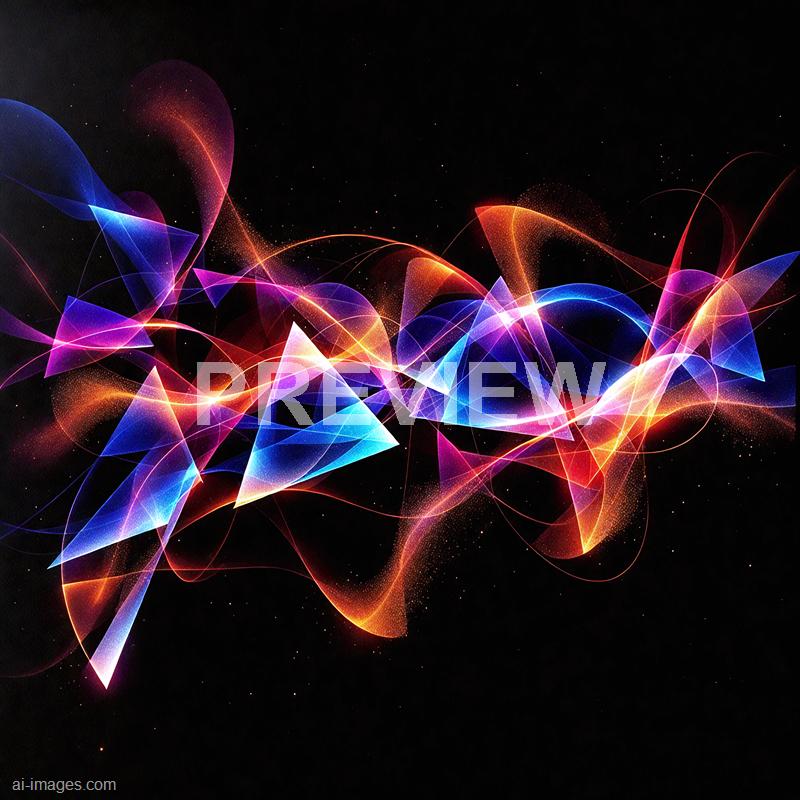 The image features an abstract composition of colorful, glowing light trails and geometric shapes, primarily triangles and curves, set against a dark background. The vibrant colors include shades of blue, purple, pink, orange, and yellow, creating a dynamic and energetic visual effect with a sense of motion and depth. Tiny specks of light are scattered throughout, resembling stars or particles, enhancing the sense of a cosmic or digital universe theme.